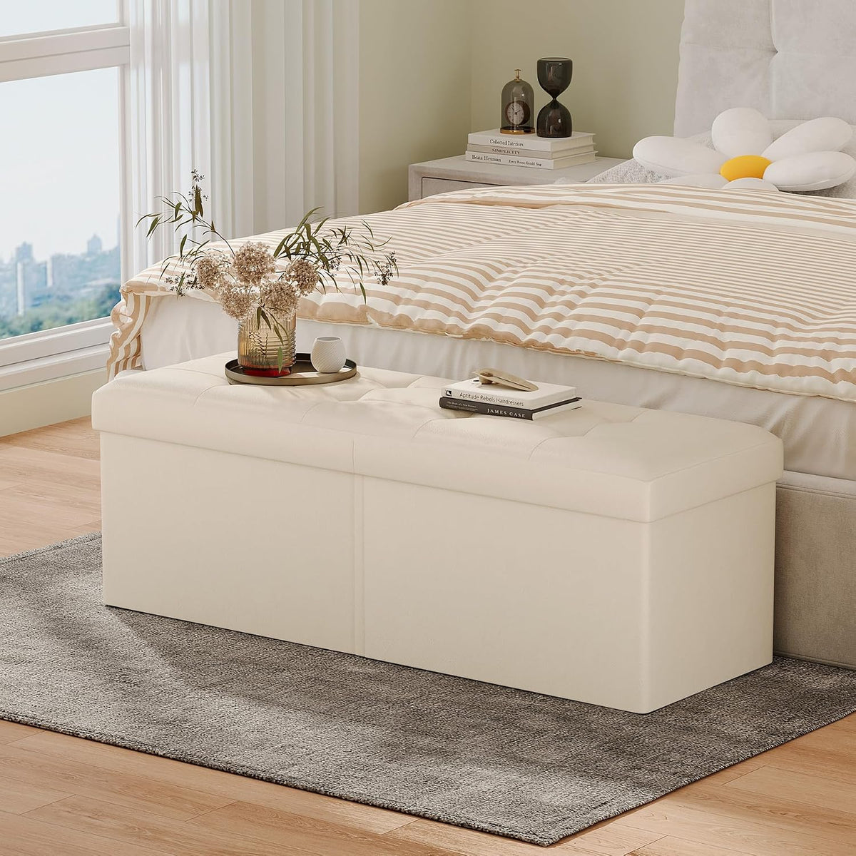 Ivory Foldable Storage Ottoman Bench