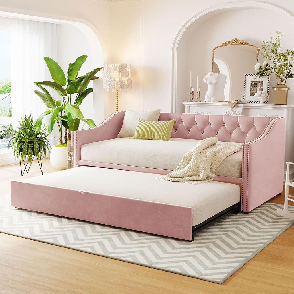 Pink Velvet Twin Daybed with Pop‑Up Trundle