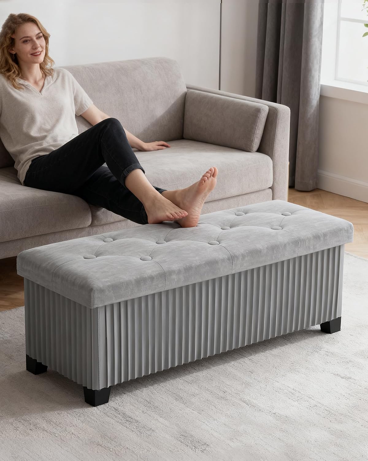 Grey Velvet Storage Ottoman Bench