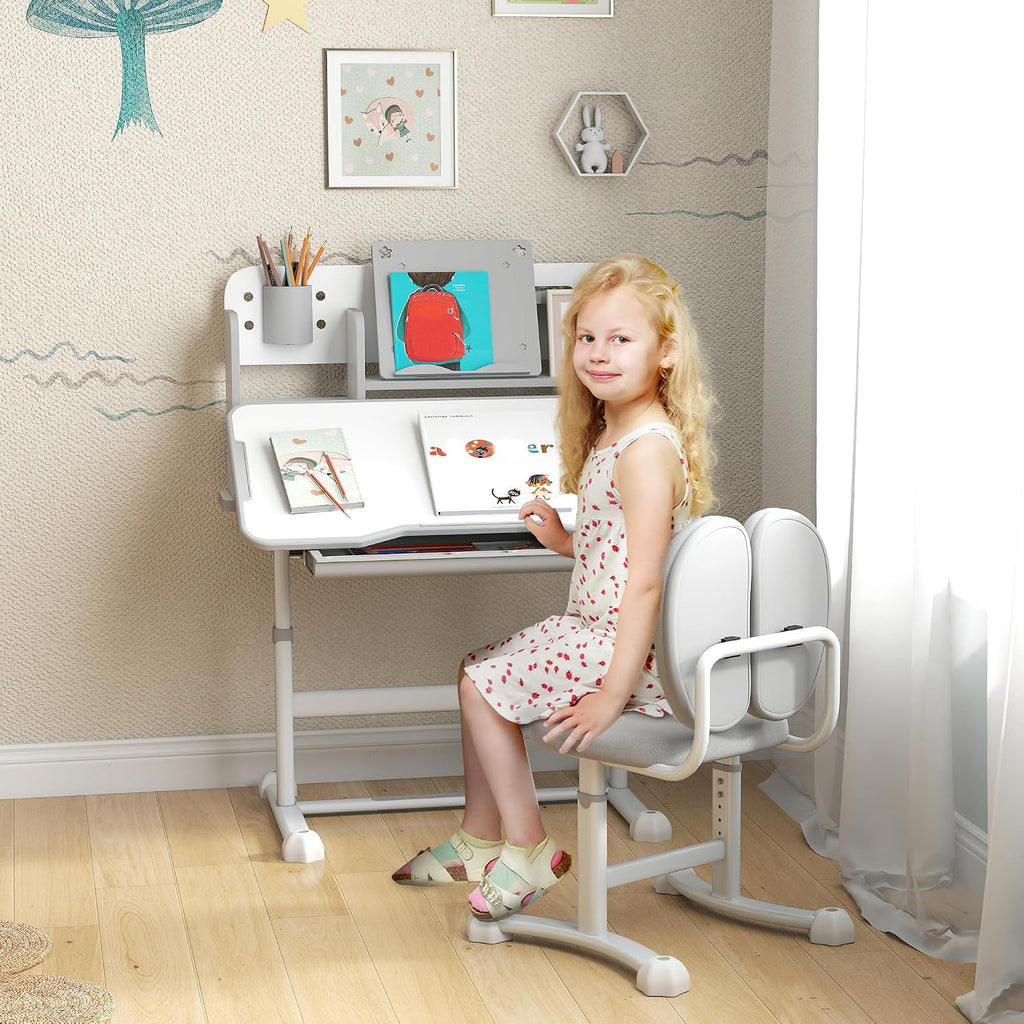 Gray Height‑Adjustable Kids Desk Set