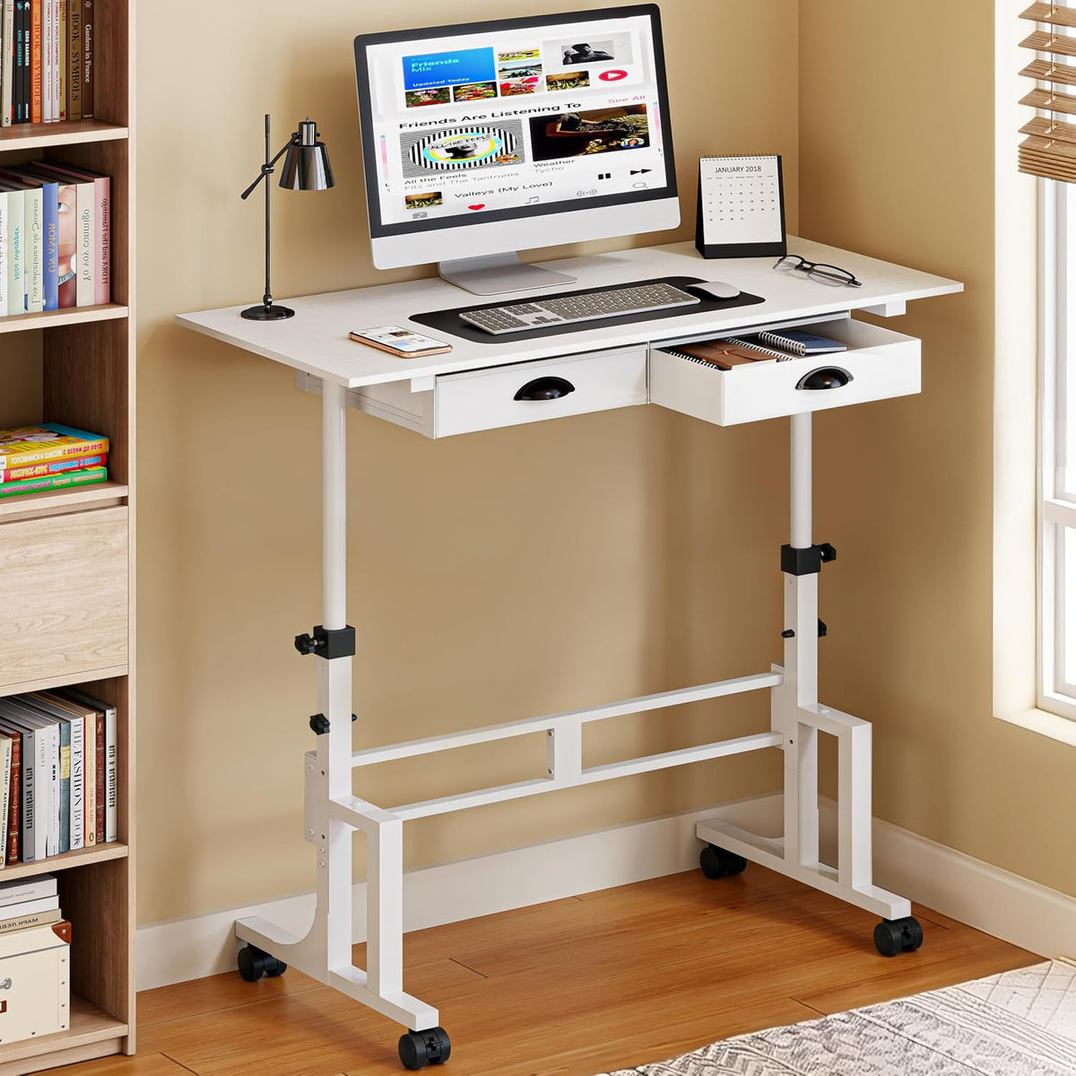 White Rolling Drawer Standing Desk