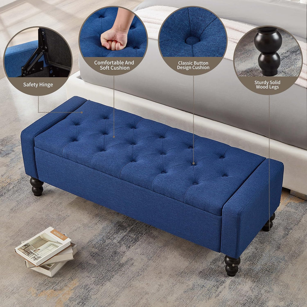 Blue Tufted Storage Ottoman Bench