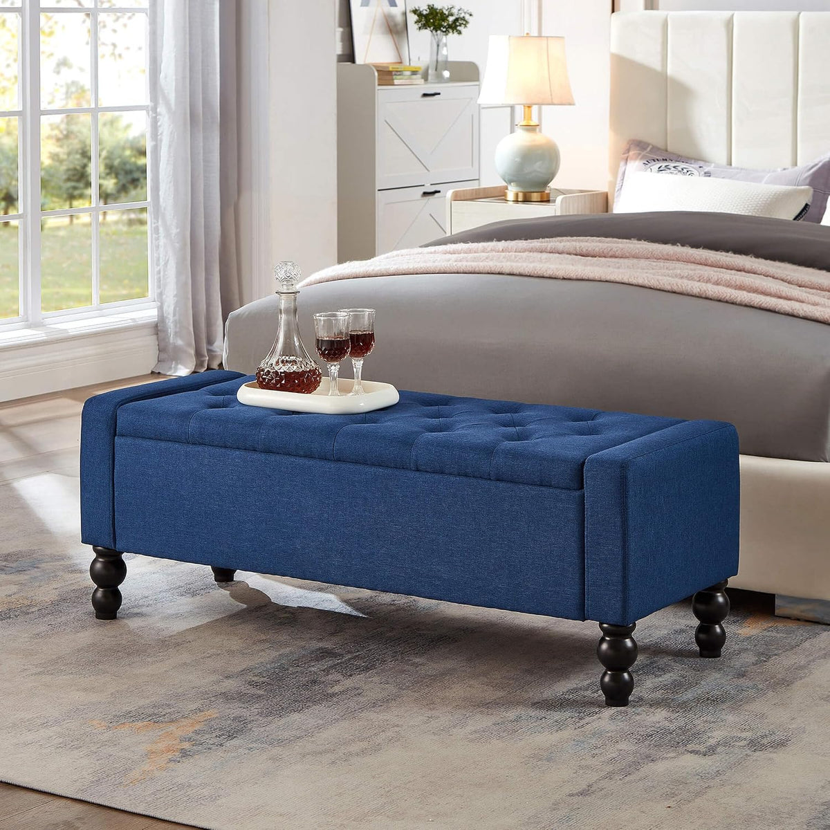 Blue Tufted Storage Ottoman Bench