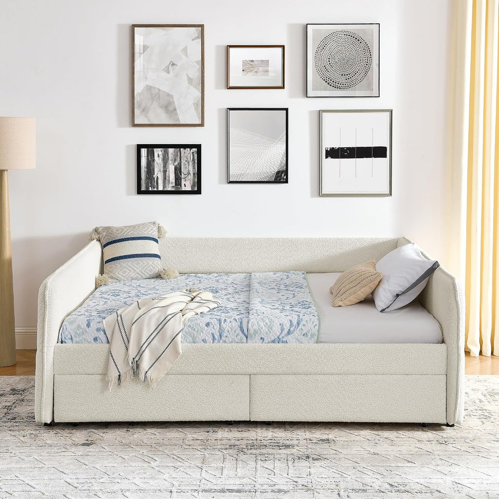 Beige Boucle Queen Daybed with 2 Drawers