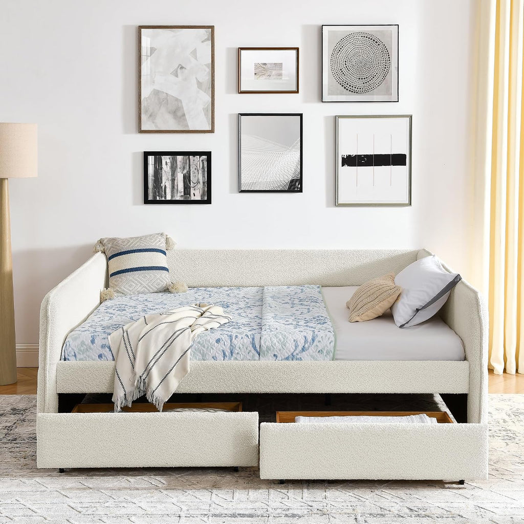 Beige Boucle Queen Daybed with 2 Drawers