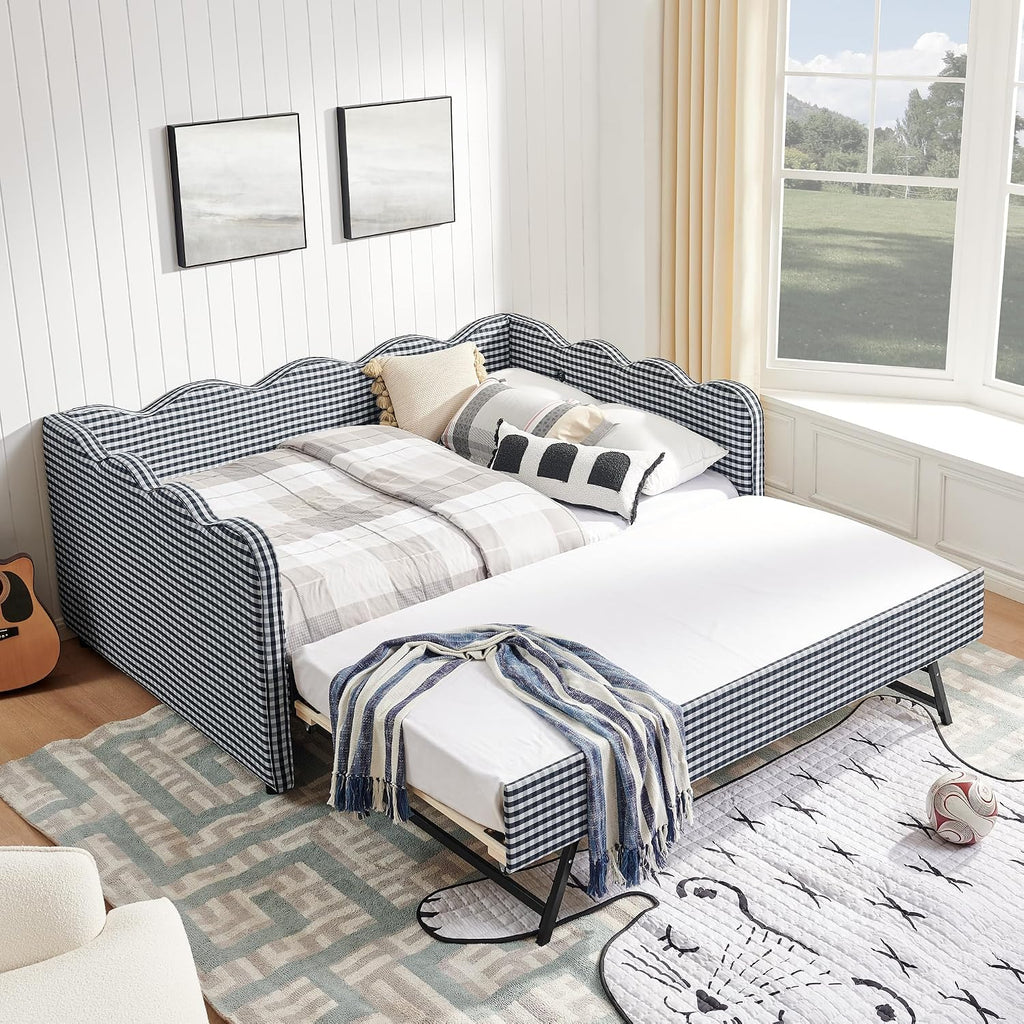 Navy Linen Full‑to‑King Daybed with Trundle & USB