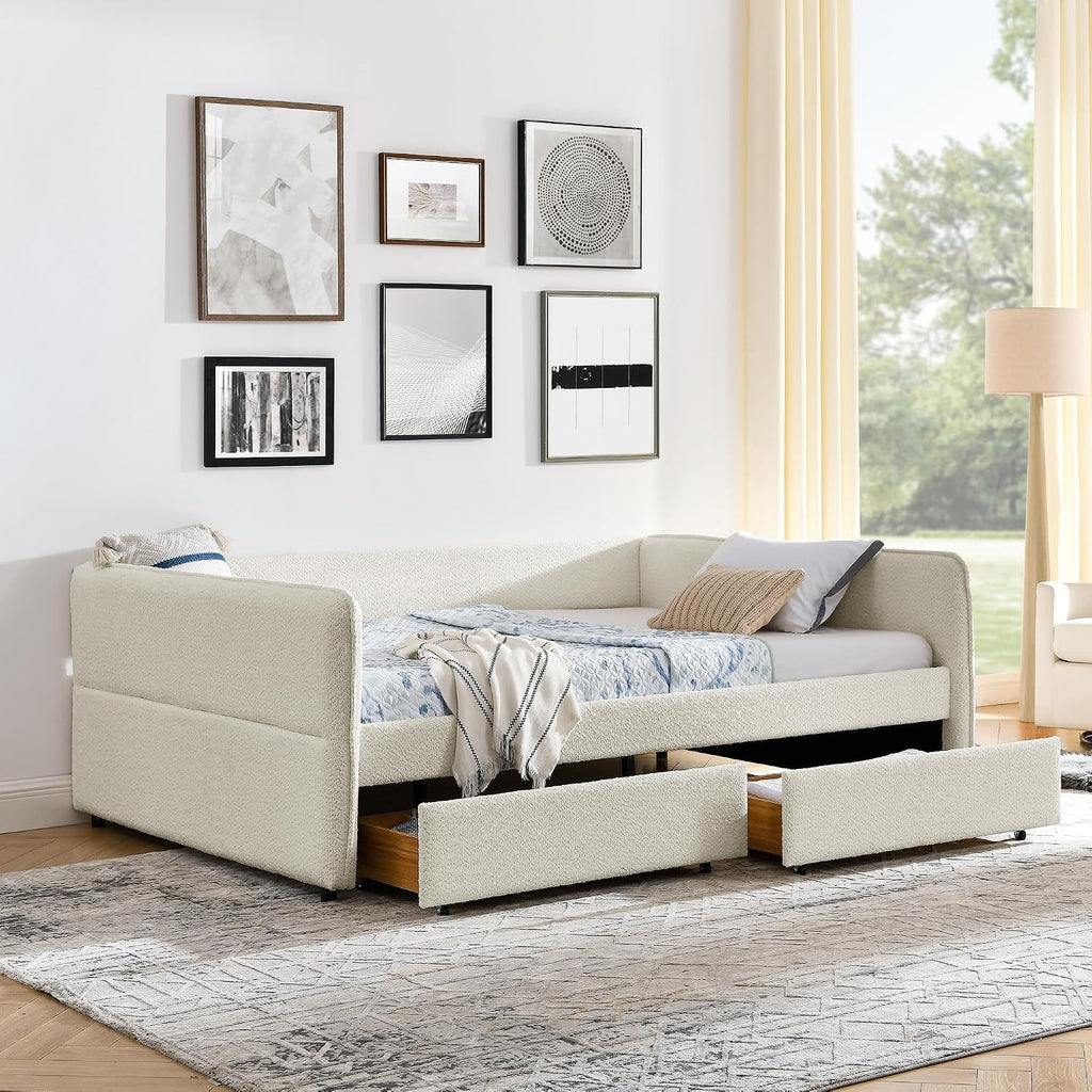 Beige Boucle Queen Daybed with 2 Drawers