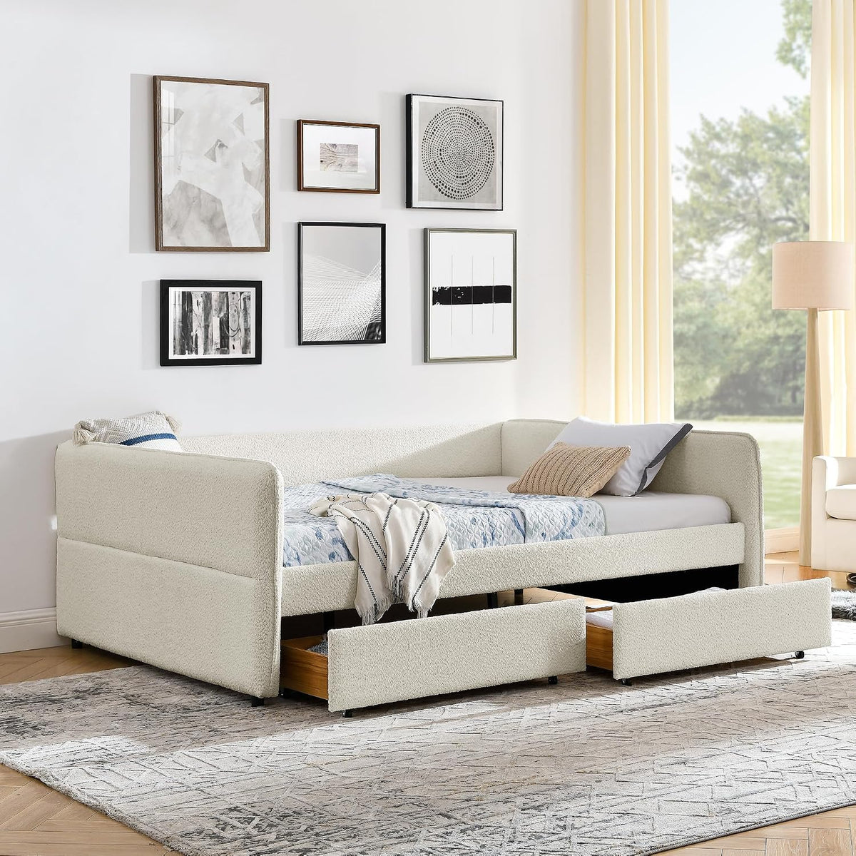 Beige Boucle Queen Daybed with 2 Drawers