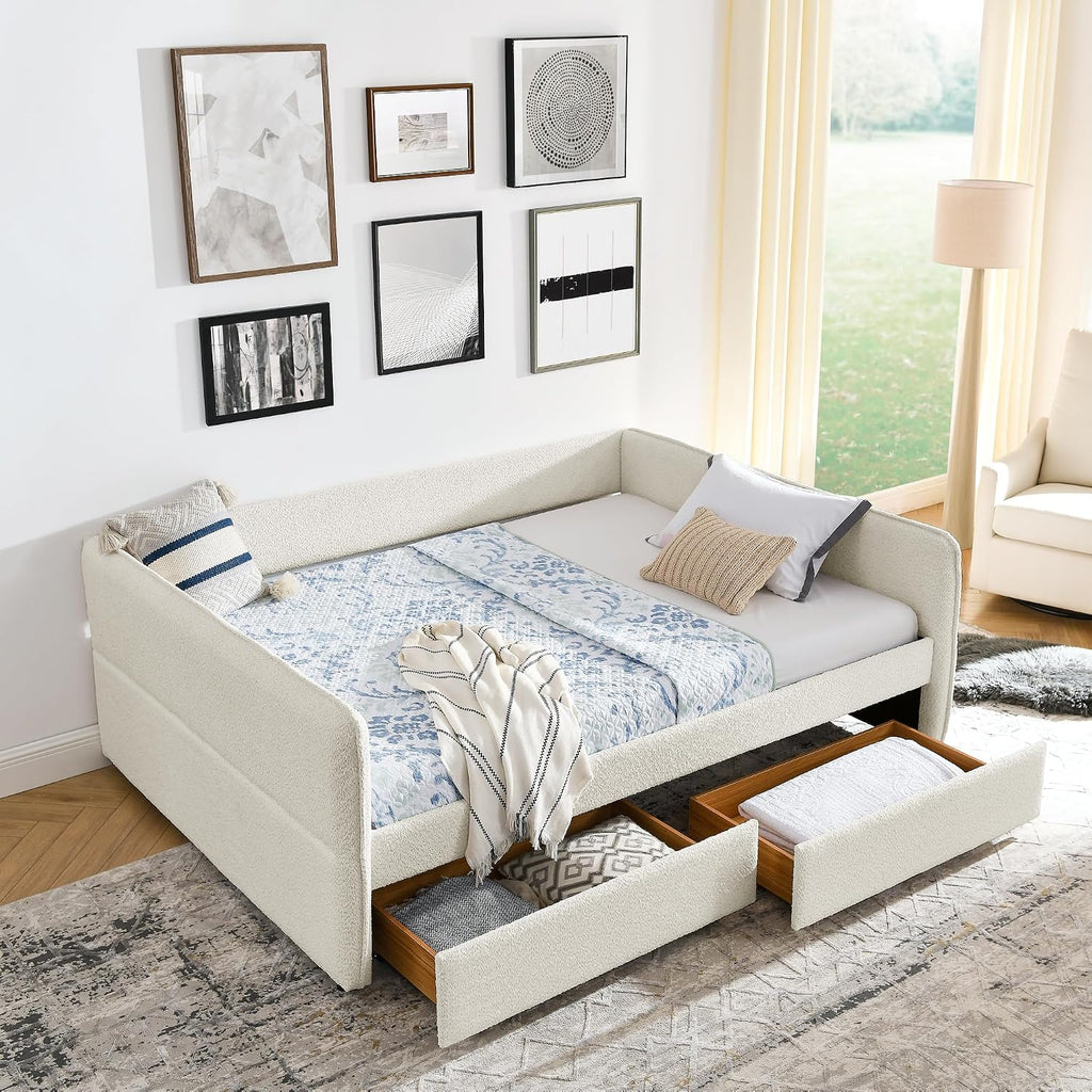 Beige Boucle Queen Daybed with 2 Drawers