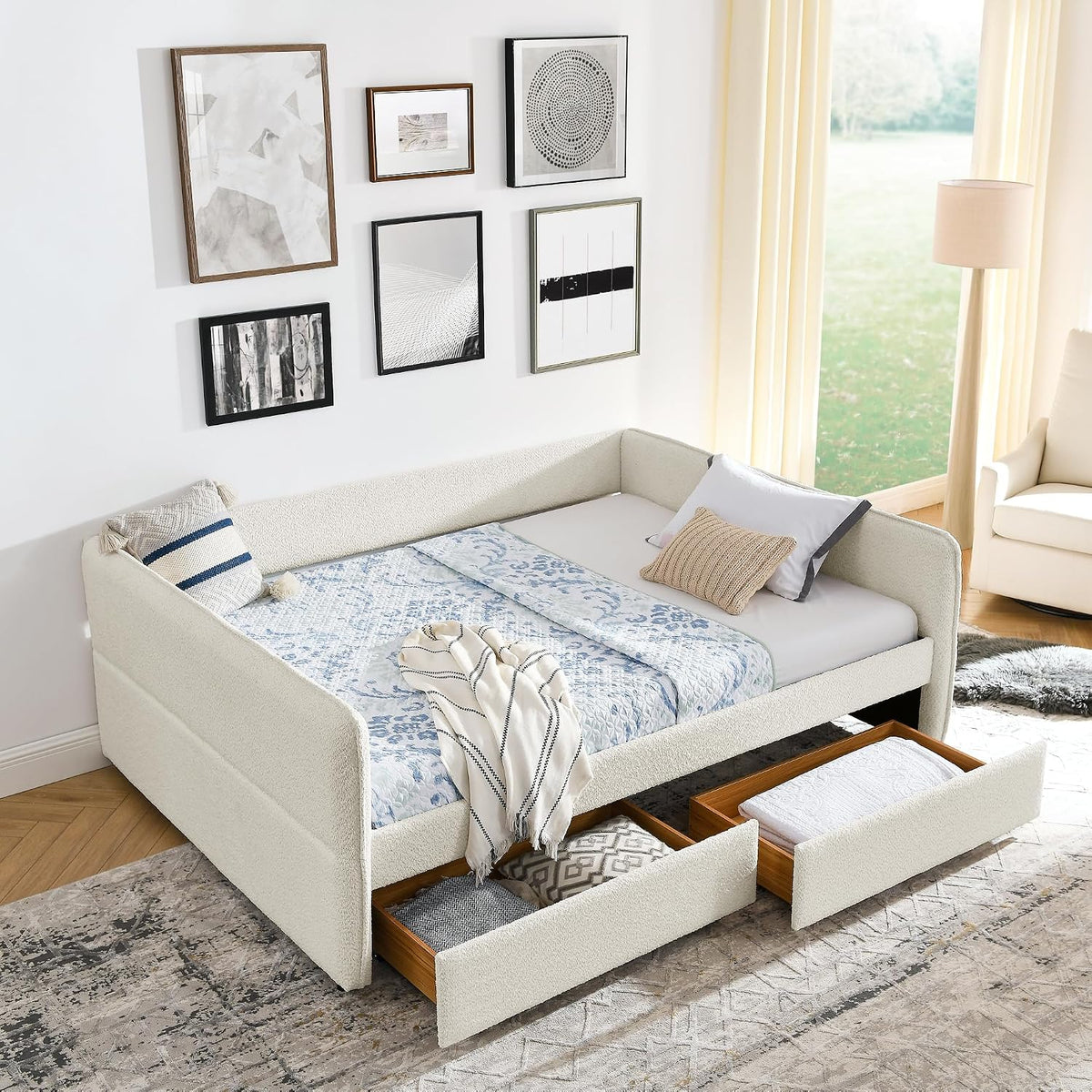 Beige Boucle Queen Daybed with 2 Drawers