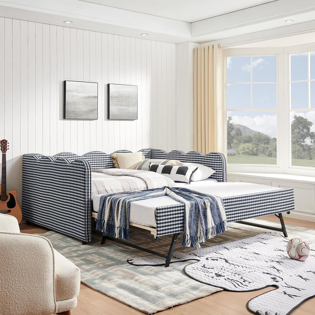 Navy Linen Full‑to‑King Daybed with Trundle & USB
