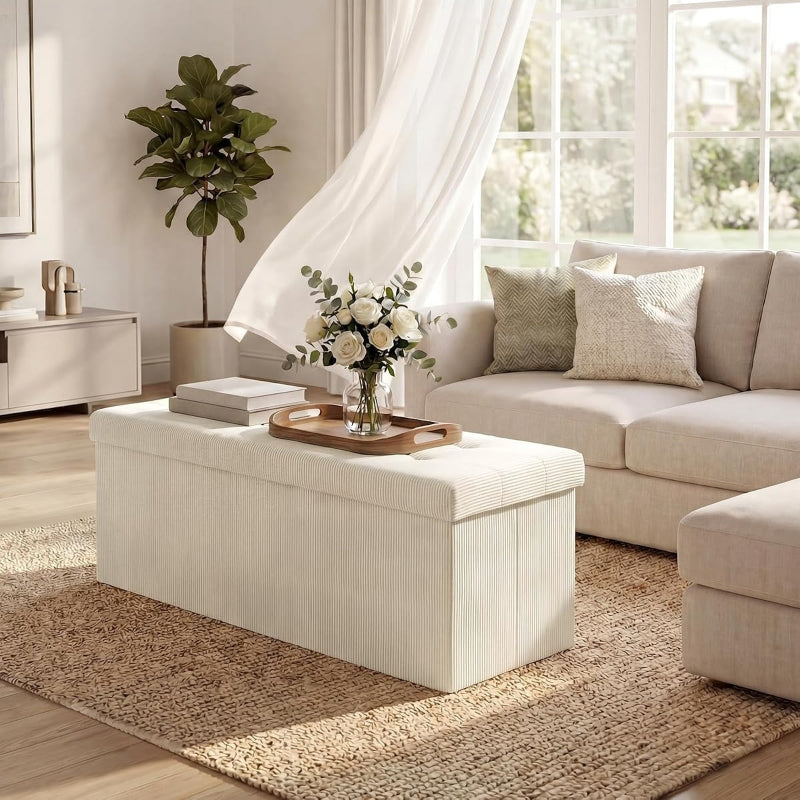 Light White Corduroy Storage Ottoman