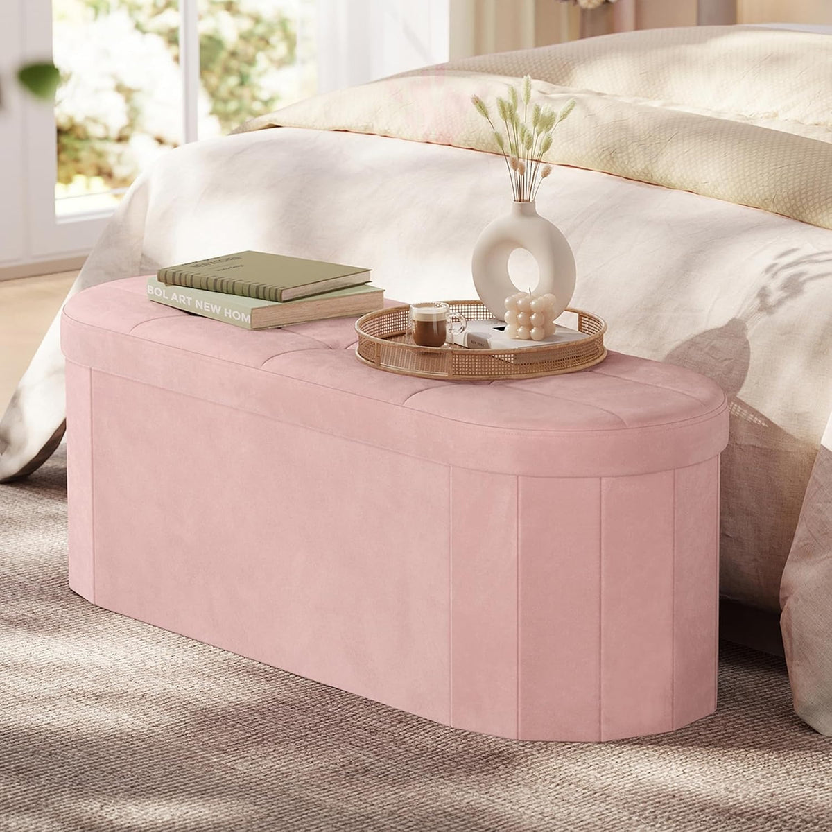Pink Velvet Oval Storage Ottoman